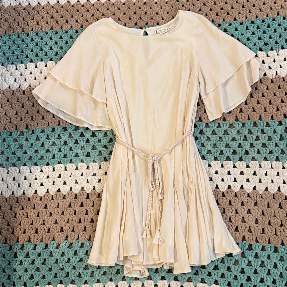 Love Riche Cream Flutter Sleeve Boho Rope Belt Mini Dress Womans Small NWT New